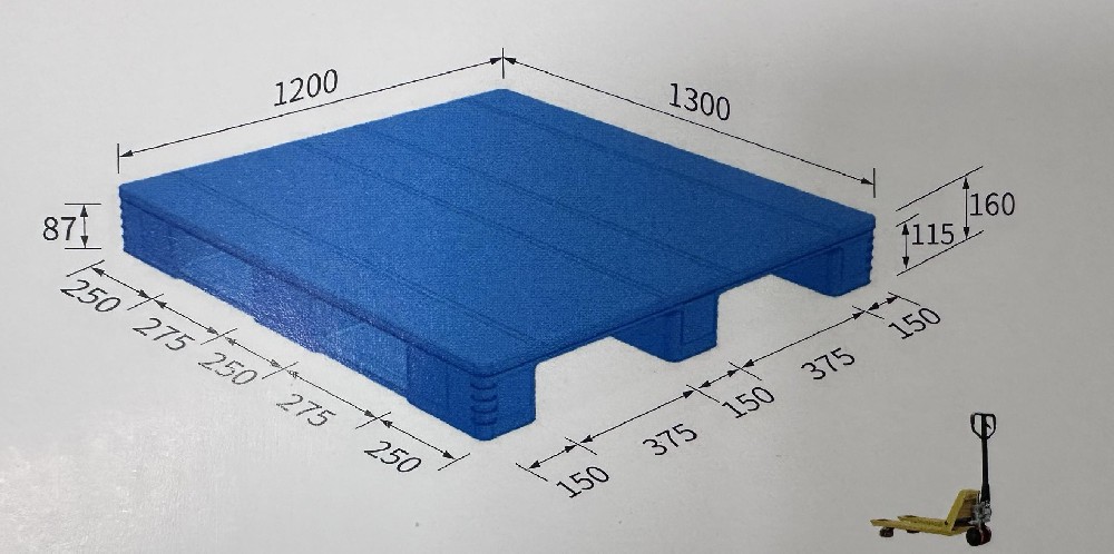 Пластиковый поддон 1300 × 1200 мм — сплошной настил — 3 полоза — 1312